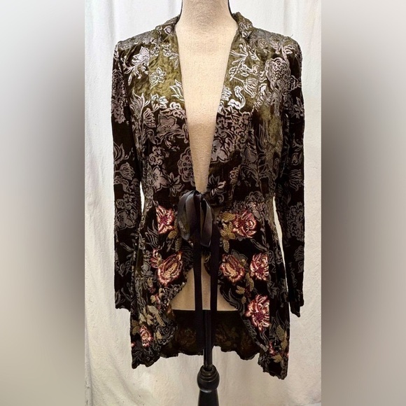 Chico's Sweaters - Chicos Velour Embroidered Floral Waterfall Tie Front Cardigan Jacket 0 Small